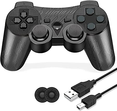 PS3 Controller Wireless, Rechargeable PS3 Remote Controller, Circuit Pattern Double Shock 6-axis Joystick Gamepad Compatible for Playstation 3 Console Game, with Charger Cable