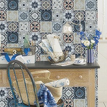 Blooming Wall 63113 Vintage Mosaic Tiles Wallpaper Wall Mural for Bathroom Kitchen Livingroom,Large Size,57 Square ft/roll