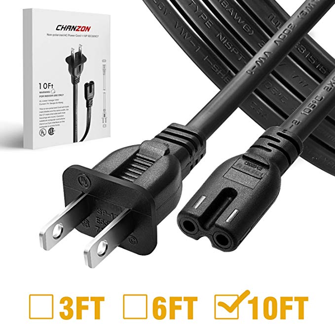 [UL Listed] Chanzon 2 Prong 10 ft AC Power Cord Universal Replacement Cable Non Polarized 7A Plug for Cannon Pixma HP Dell Epson Printer,Sony PS4 Slim PS3 PS2 Xbox Console,4K TV Laptop Power Adapter
