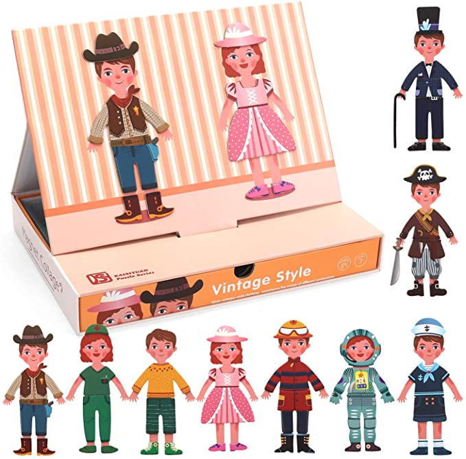 CUTE STONE 62 PCS Magnetic Dress Up Dolls Paper Magnet Dolls Wooden Puzzles for Toddlers, Gifts for 2 3 4 5 Year Old Boys and Girls