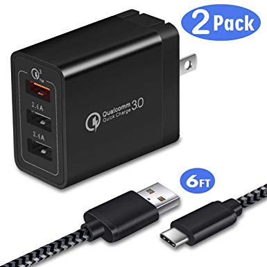 Quick Charge 3.0 with USB C Cable 6ft, WITPRO 30W 3-Port Adaptive Fast Charger Adapter Wall Plug/USB Type C Charging Cord for Samsung Galaxy S8/S9/S10 Plus Note 8/9, LG G6/G7 V30/V40 (Black)