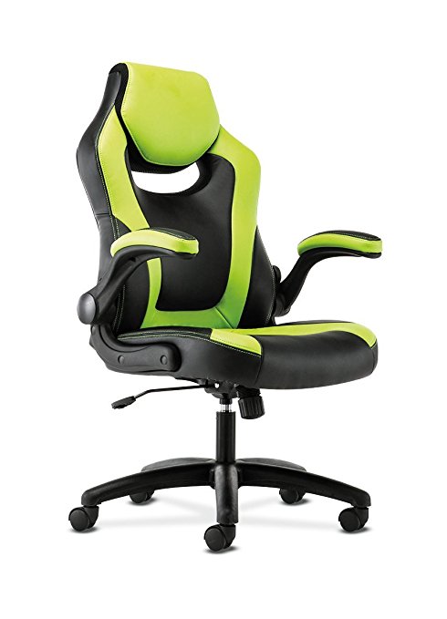 basyx by HON Racing Gaming Computer Chair- Flip-Up Arms, Black and Green Leather (HVST914)