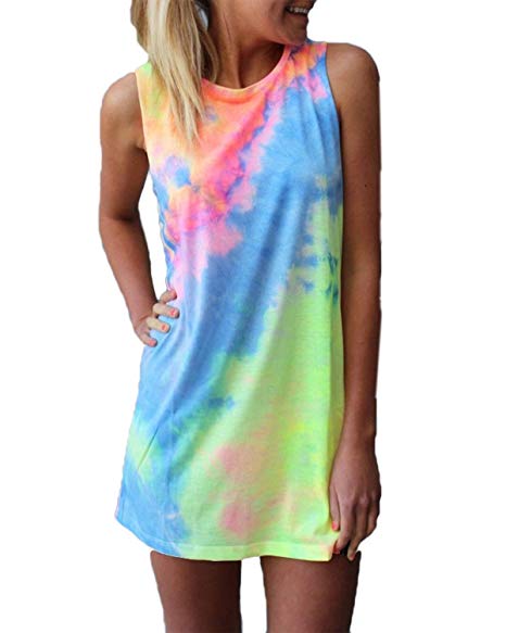 ZANZEA Women's Sleeveless T Shirt Dress Tie-dye Floral Print Cold Shoulder Tank Mini Dress