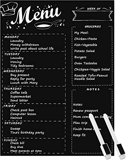 MoKo Magnetic Menu Board for Kitchen Fridge with 2 Markers, 16"x12" Weekly Meal Planner and Grocery List Notepad Dry Erase Board for Refrigerator - Black