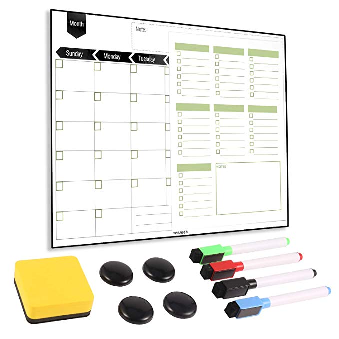 Magnetic Fridge Calendar - Dry Erase Monthly Planner & Bonus Grocery to-do List, 4 Markers, Eraser, 4 Magnets 16’’x12’’ for Kitchen Office