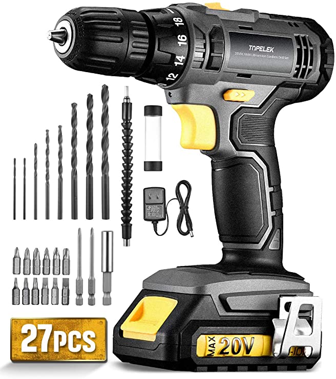 TOPELEK Cordless Drill, Power Drill 20V MAX Lithium-Ion Cordless Drill/Driver Set