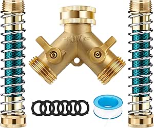 IPOW 2 Pcs Extension Garden Hose with 3/4" Brass 2 Way Hose Splitter Heavy Duty 2 Way Y Valve Garden Hose and 6 Rubber Washers