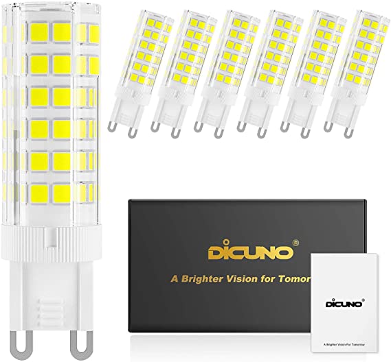 DiCUNO G9 Ceramic Base LED Light Bulbs, 6W (60W Halogen Equivalent), 550LM, Daylight White (6000K), G9 Base, G9 Bulbs for Home Lighting, 6-Pack