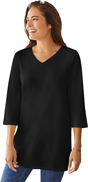 Woman Within Women's Plus Size Perfect Three-Quarter Sleeve V-Neck Tunic