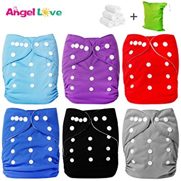 Cloth Diapers, Angel Love 6 Pack Cloth Pocket Diaper 6 Diaper Inserts 1 Wet Dry Bag, Baby Washable Cloth Pocket Diapers, Reusable, All in one Size, Adjustable Snap, Gift Set 13ZH13 (Neutral Color)