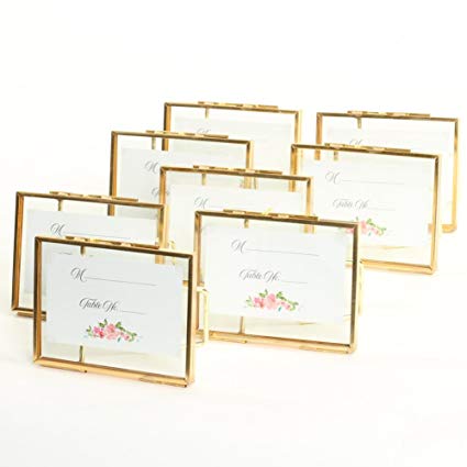 Koyal Wholesale Pressed Glass Floating Photo Frames 8-Pack with Stands for Horizontal or Vertical Pictures, Table Numbers, Place Cards (Gold, 3 x 4)