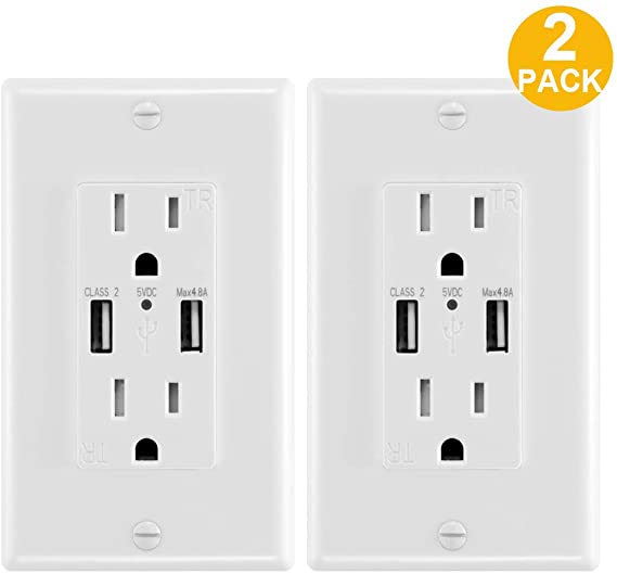 4.8A USB Wall Outlet Fast Charge - Duplex 15A Tamper Resistant Socket USB Outlets Receptacle - ETL Listed Dual High-Speed Charger USB Electrical Outlets - Wall Plate Included, White (2-Pack)