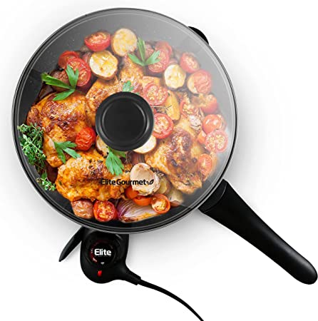 Elite Gourmet EG6207# Heavy Duty 10.5-inch Fry Pan, Easy-Pour Spout, 1000W-1200W, Dishwasher Safe, Rapid Heat Up, Non-stick Electric Skillet Tempered Glass Vented Lid, Trigger Release Probe, Black