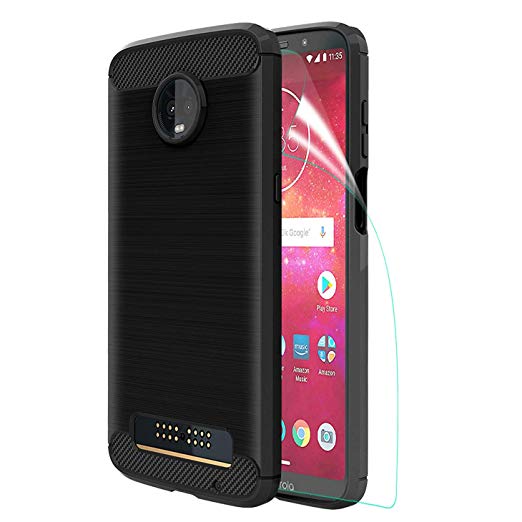 Motorola Moto Z3 Play case W HD Screen Protector Carbon Fiber Soft TPU Brushed Texture Elastic Full-Body Rubber Heavy Duty Protective case, Black