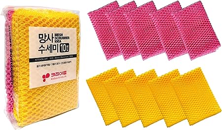 Mesh Scrub, Non Scratch Dish Net Scrubber, Highly Durable and Safe for All Surfaces Multi-Purpose Reusable, Effective and Easy Cleaning 10 Pack Value Set - Made in Korea