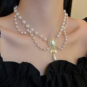 fxmimior Women Bridal Vintage 1920s Layered Tassels Pearl Shiny Choker Necklace Fashion Gold Simple Necklaces for Women and Girls