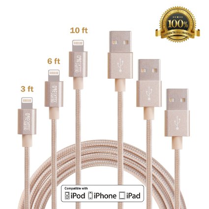 [3Pack]Iphone Cable 3ft 6ft 10ft Durable USB Cable Tangle Free Nylon Braided lightning Sync and Charging Cord for iPhone 6/6s/6 plus/6s plus, 5c/5s/5, iPad Air/Mini,iPod Nano/Touch(Gold)...