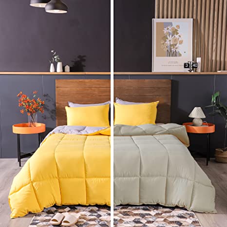 KASENTEX Bedding-Comforter-Set-Duvet-Insert, Soft Down Alternative Comforter Set, Reversible Lightweight Breathable, Yellow/Grey,Queen Size