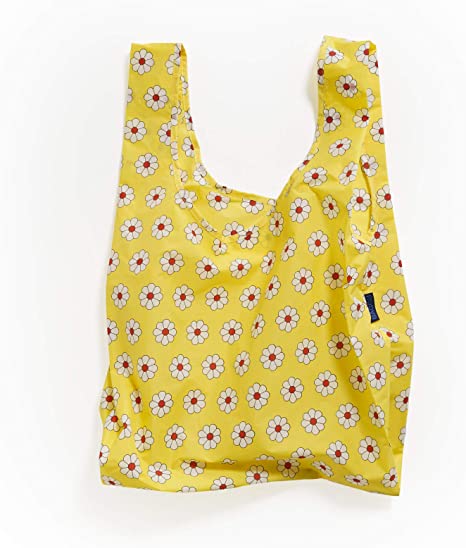 BAGGU Standard Reusable Shopping Bag, Ripstop Nylon Grocery Tote or Lunch Bag, Yellow Daisy