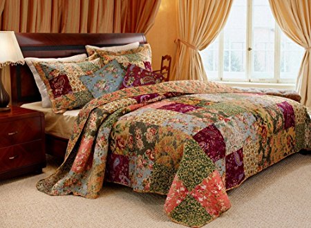 French Country Patchwork Quilted Bedspread Set Oversized King (to the floor)
