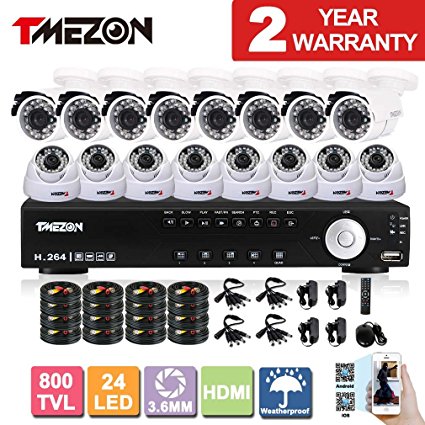 TMEZON 16Channel HDMI DVR CCTV Kits Security Cameras System w/ 8 Outdoor Bullet  8 Indoor Dome 800TVL Hi-Resolution Video Surveillance Cameras