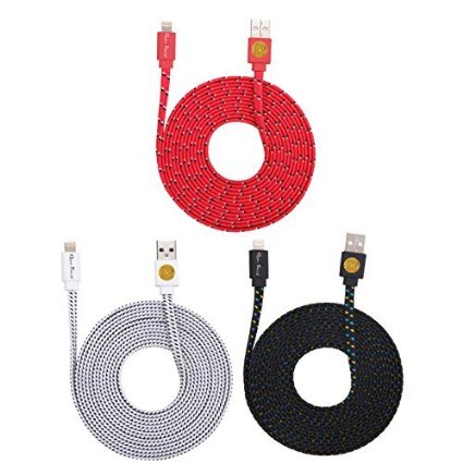 3PK of 10ft Flat Noodle Braided Lightning Cables for iPhone 6S6Plus -red blk wte