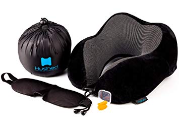 Hushed Comfortable Memory Foam Washable Breathable Neck Travel Pillow for Airplanes with Travel Kit Including Ear Plugs and Eye Mask Set (Black)