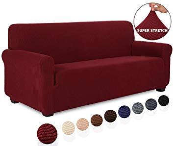 TIANSHU Stretch Jacquard Couch Cover, 1-Piece Couch Cover for Sofa, 3 Cushion Sofa Slipcover for Living Room, Soft/Durable/Stay in Place Furniture Covers (Sofa, Dark Wine)