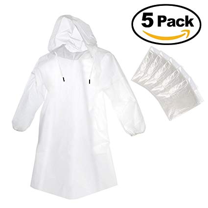 Kellyer Rain Guard Disposable Emergency Rain Poncho With Hood Clear Transparent Raincoat For Men Women and Kids (One Size Fits All) - Great For Theme/Disney Parks - Camping - Hiking - Sports - 5 PACK