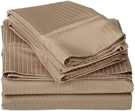 26-30 inches Extra Fit Deep Pocket Hotel Finish Adjustable Room 1-Piece- Fitted- Sheet Both Pattern Solid/Stripe 500 Thread Count 100% Pima Cotton (King, Stripe,Beige).