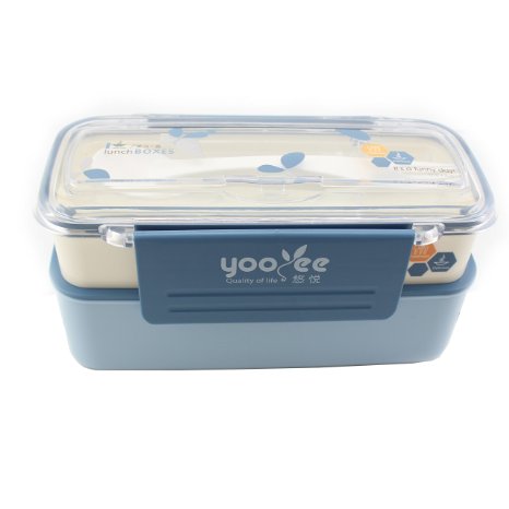 Mavogel 361 New Japanese Double Layer Leakproof Bento Lunch Box Container with Fork and Spoon for Children ,Microwave Oven Use Safe,blue