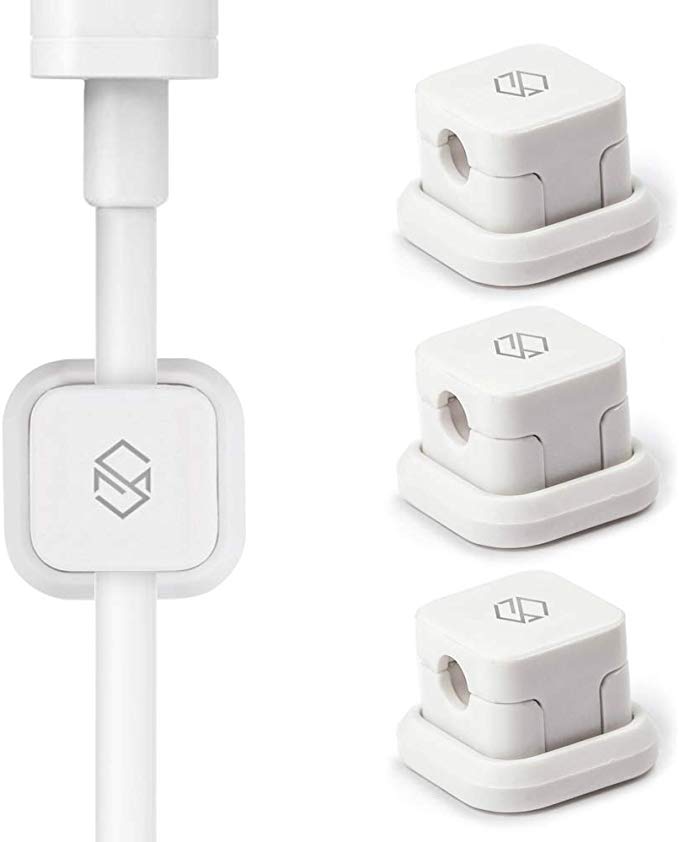 Sinjimoru Adhesive Magnetic Cable Clip, Cord Organizer compatible with most type cables. Multipurpose Cable Management, Cable Organizer in Car or Office, Magnetic Cable Holder, White 3 Pack.