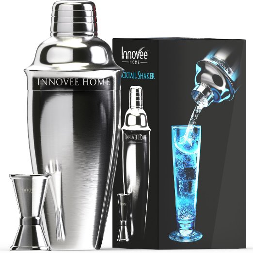 Innovee Cocktail Shaker - Premium Bar Set w Free Jigger and Recipese-book 24oz w Built-in Strainer