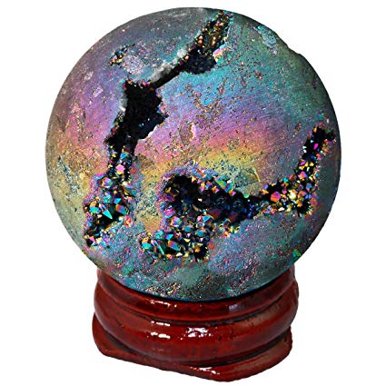 Shanxing Crystal Agate Geode Specimen,Titanium Coated Rainbow Sphere Ball with Wooden Stand Reiki Healing