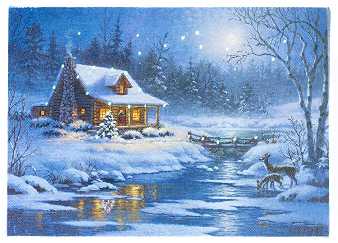 Oak Street Snowy Cozy Cottage On River Winter LED Art 8"x6" Tabletop Canvas Light up Picture 6 Hour Timer