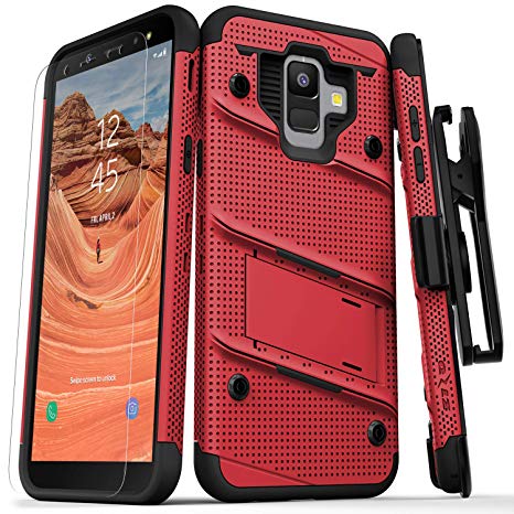 ZIZO Bolt Series Samsung Galaxy A6 case Military Grade Drop Tested Tempered Glass Screen Protector, Holster, Kickstand RED Black