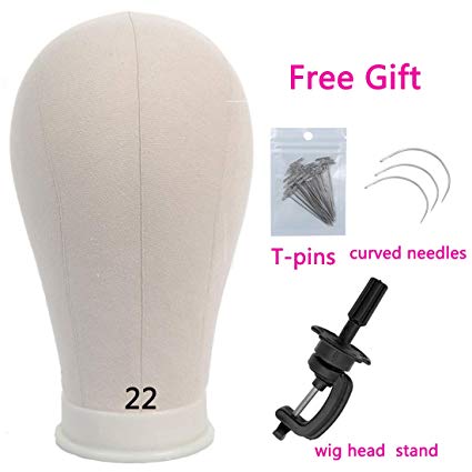 Wig head Mannequin Canvas Block Manikin Head with Stand for Wigs Making Display Styling 22 Inch (Cork Head T-Pins Clamp Stand  Curved Needles)