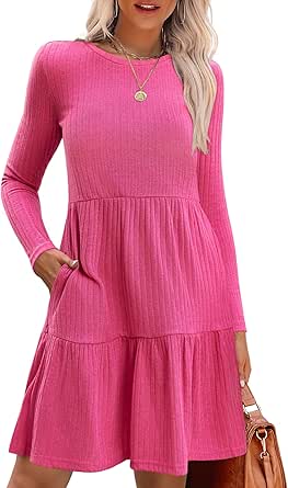 Zeagoo Womens Long Sleeve Fall Dresses with Pockets 2024 Ribbed Knit Casual Crew Neck Knee Length Sweater Dress