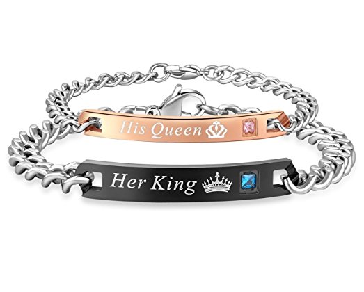 His & Hers Matching Set Titanium Stainless Steel His Queen Her King Couple Bracelet in a Gift Box