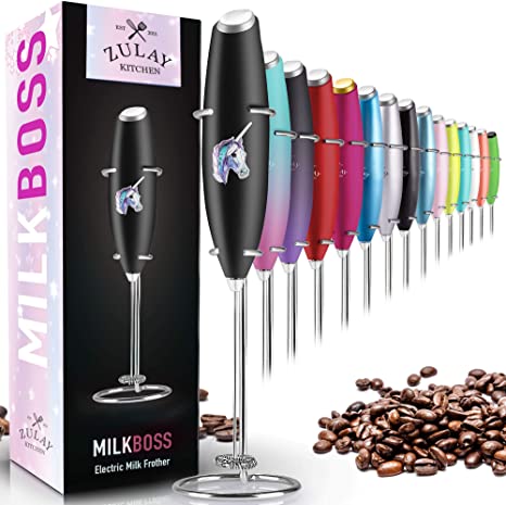 Zulay Original Milk Frother Handheld Foam Maker for Lattes - Whisk Drink Mixer for Coffee, Mini Foamer for Cappuccino, Frappe, Matcha, Hot Chocolate by Milk Boss (Unicorn - Black)