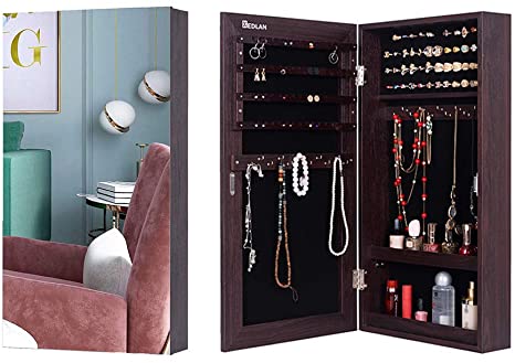 KEDLAN Jewelry Cabinet Wall Hanging Door Mounted Mirrored Space Saving Organizer in Living Room or Bedroom, Brown