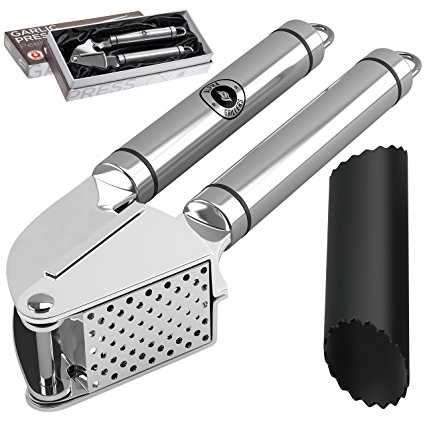 Garlic Press Gift Box Set With Peeler. Stainless Steel Mincer and Silicone Tube Roller. Ginger Crusher. By Alpha Grillers
