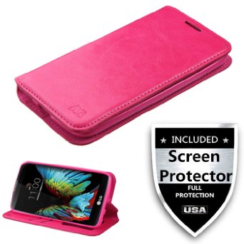 LG K10 Case,LG Premier LTE Case With HD Screen Protector,IDEA LINE(TM) Hot Pink Wallet Leather Case Premium Pouch ID Credit Card Cover Flip Folio Book Style with Money Slot Stylus Pen
