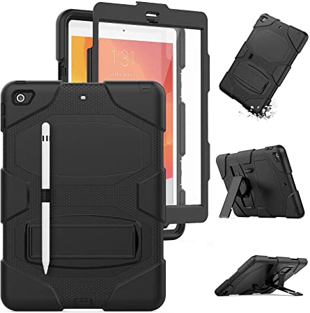 HXCASEAC iPad 7th Generation Case, [Full Body] Drop Protective Case [Built-in Kickstand] & [Built-in Screen Protector] & [Stylus Pencil Holder] for 2019 iPad 7 Model A2197 A2198 A2200 (Black)