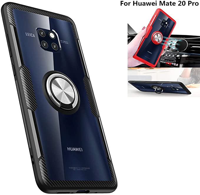 Huawei Mate 20 Pro Case,360° Rotating Ring Kickstand Protective Case,TPU PC Shock Absorption Double Protection Cover Compatible with [Magnetic Car Mount] for Huawei Mate 20 Pro Case (Black/Silver)