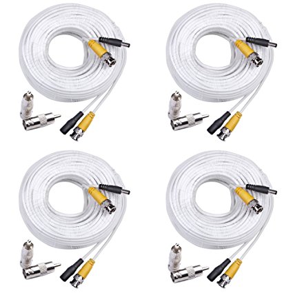 Masione 4 Pack 100ft Security Camera Video Power Cable White Replacement Extension Wire Cord for CCTV DVR CCD Surveillance System with BNC to RCA Adaptor