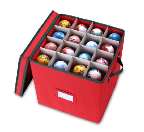 Primode Holiday Ornament Storage Chest, With 4 Trays Holds Up to 64 Ornaments Balls, With Dividers (Red)