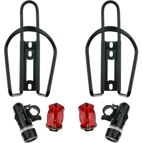 Bike Water Bottle Holder Cage by One Planet (2-Pack) with 2 LED Headlights and Taillight - Durable High-Quality Alloy, Perfect for Extended Periods of Cycling. Keep Hydrated All The Time!