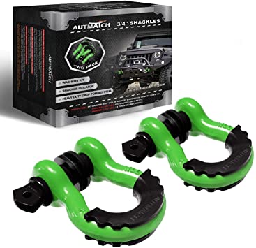 Autmatch Shackles 3/4" D Ring Shackle (2 Pack) 41,887Ib Break Strength with 7/8" Screw Pin and Shackle Isolator & Washers Kit for Tow Strap Winch Off Road Vehicle Recovery Green & Black