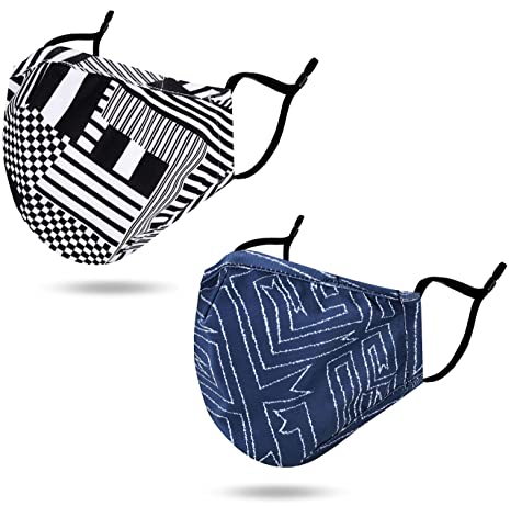 Face Cloth Reusable with Prints, Pack 2_Black White Check/Blue White Maze